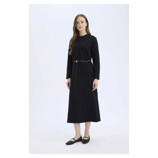 Defacto Regular Fit Bisiklet Yaka Uzun Kollu Kemerli Selanik Kumaş Maxi Tesettür Elbise E5790ax25sp - Siyah-Bk81 - Görsel 10