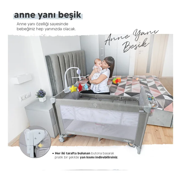 Huggy Napp 6 İn 1 Gri Anne Yanı Park Yatak - Görsel 3