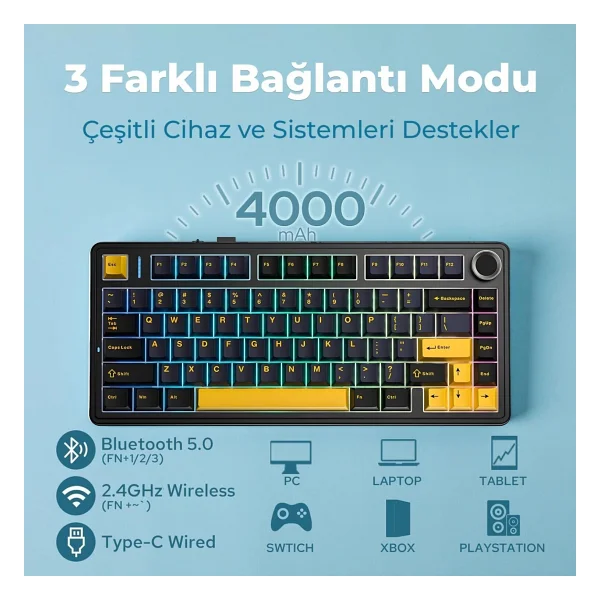 Aula F75 Siyah RGB %75 Tkl Reaper Switch Kablolu/Kablosuz Mekanik Oyuncu Klavyesi - Görsel 2