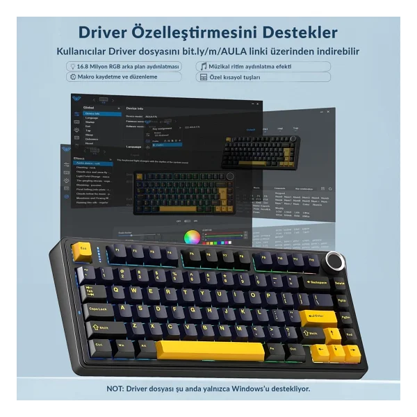 Aula F75 Siyah RGB %75 Tkl Reaper Switch Kablolu/Kablosuz Mekanik Oyuncu Klavyesi - Görsel 4