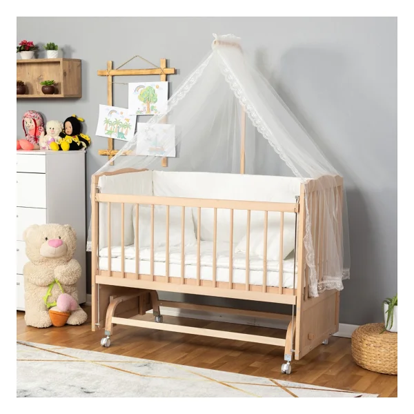Bamgidoo Ahşap Beşik Anne Yanı Beşik Organik (Boyasız) 60x120 - Pembe Prenses Uyku Seti Yatak Tekerlekli - Kahve - Kahverengi - Görsel 9