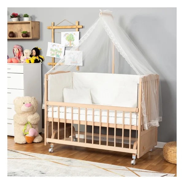 Bamgidoo Doğal Ahşap Anne Yanı Beşik Yeni Doğan Bebek Beşiği (Boyasız) 60x120 Uyku Seti Yatak Tekerlekli - Görsel 2