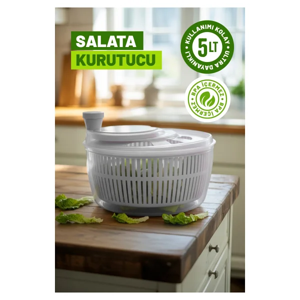 Salata Ve Sebze Kurutucu, Pratik Kullanım - 5 Lt Büyük Boy - Beyaz - Görsel 4