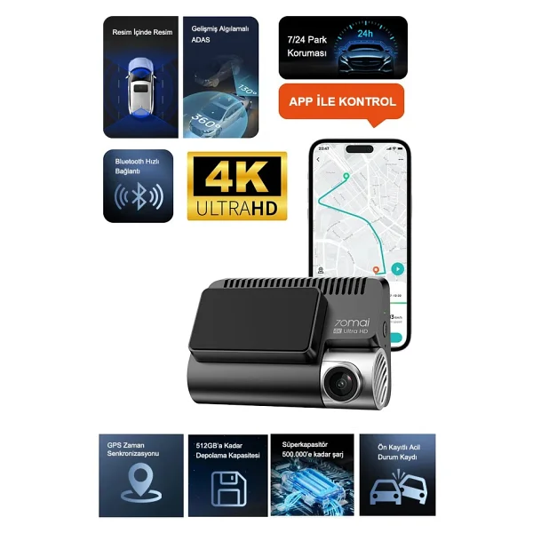 70maı Yükseltilmiş Araç Kamerası A800se, 4K Ultra HD Çözünürlük, Süper Gece Görüşü, Süper Kapasitör, Geliştirilmiş Ön Bellekli Acil Kayıt, 5 Modlu Adas, Daha Hızlı Wi-Fi 6 Araç Kamerası, Sesli Kontrol - Görsel 7