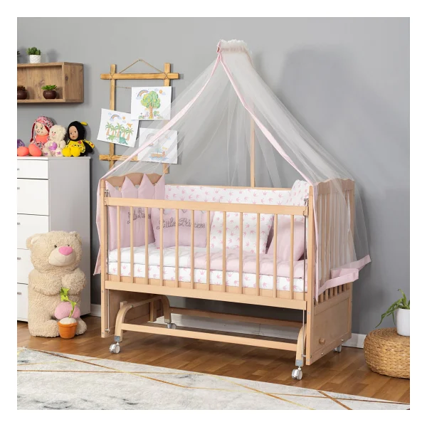 Bamgidoo Ahşap Beşik Anne Yanı Beşik Organik (Boyasız) 60x120 - Pembe Prenses Uyku Seti Yatak Tekerlekli - Kahve - Kahverengi - Görsel 3