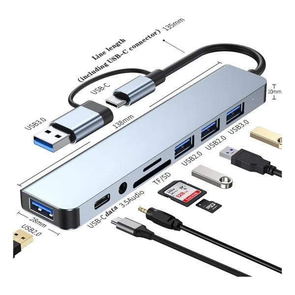 8 In 1 USB Type-C Çok Portlu Hub USB 3.0 2.0 3.5 Mm Ses Tf Sd Kart Çevirici Adaptör - Görsel 2
