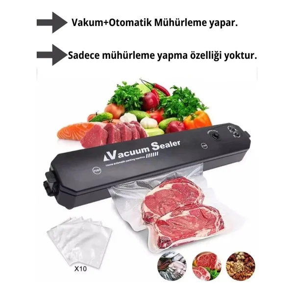 Vacuum Sealer Gıda Mühürleme Vakum Makinesi- Yiyecek Tazeliği Koruma Ev Ve Restoran- 10 Adet Poşet Hediyeli - Görsel 6