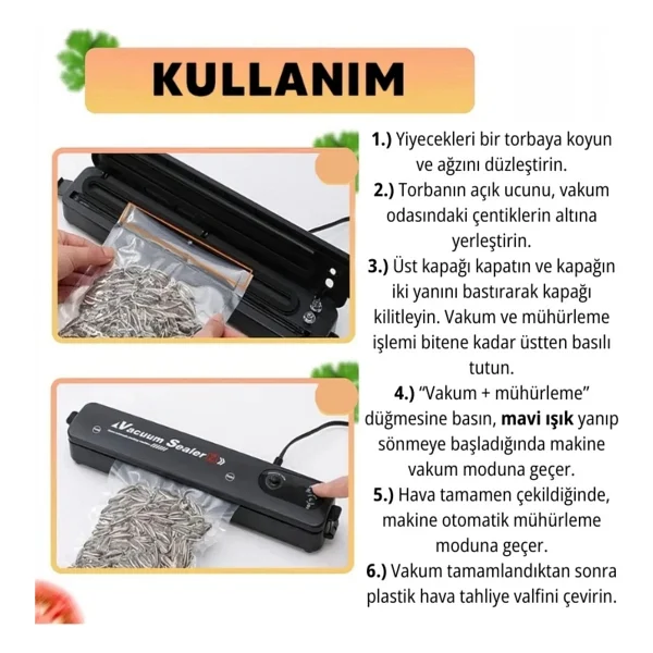 Vacuum Sealer Gıda Mühürleme Vakum Makinesi- Yiyecek Tazeliği Koruma Ev Ve Restoran- 10 Adet Poşet Hediyeli - Görsel 7