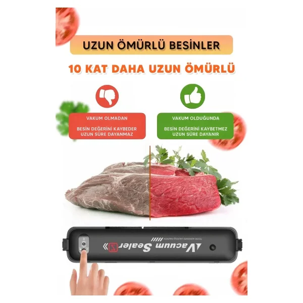 Vacuum Sealer Gıda Mühürleme Vakum Makinesi- Yiyecek Tazeliği Koruma Ev Ve Restoran- 10 Adet Poşet Hediyeli - Görsel 9