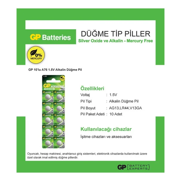 Gp A76 Lr44 1.5v 10'lu Alkalin Düğme Pil - Görsel 3