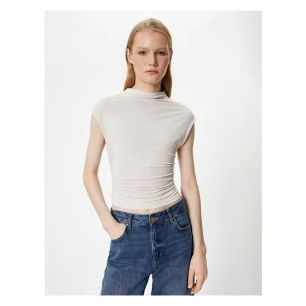 Koton Slim Fit Atlet Dik Yaka Kısa Kollu Drapeli - Ekru - Görsel 6