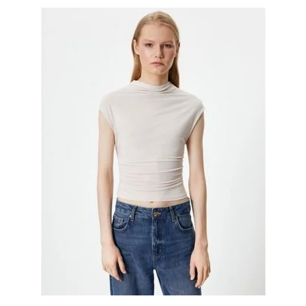 Koton Slim Fit Atlet Dik Yaka Kısa Kollu Drapeli - Ekru - Görsel 8