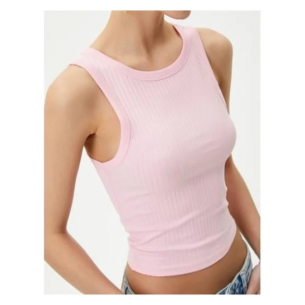 Koton Basic Crop Atlet Bisiklet Yaka Pamuklu Ribanalı - Pembe - Görsel 7