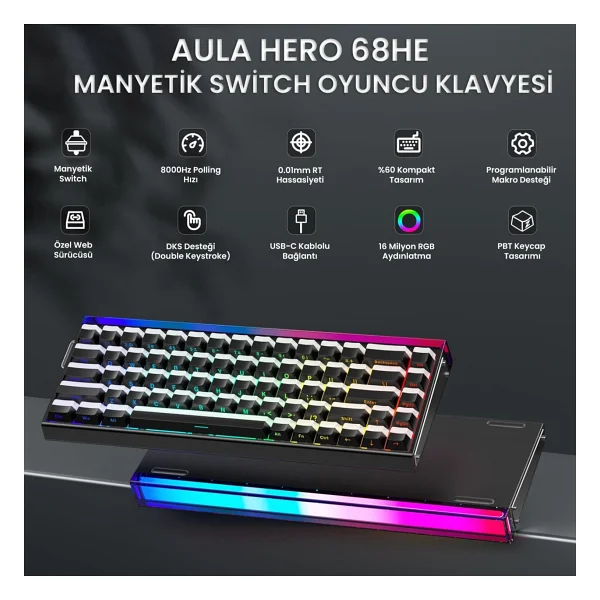 Aula Hero 68 He Siyah RGB %65 Tkl Jade King Switch Kablolu Mekanik Oyuncu Klavyesi - Görsel 2