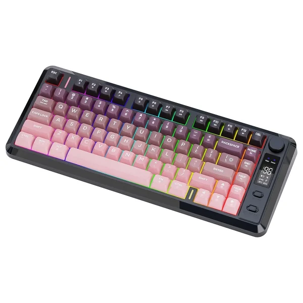 Freewolf M75 Kablosuz 2.4ghz Kablosuz + BT Çift Modlu Klavye LED Ekranlı Oyun Klavyesi İle Pbt Knob Rainbow - Görsel 3