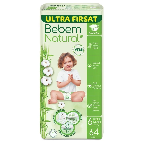 Bebem Natural 6 Numara Ekstra Large 64'lü 5 Adet Bebek Bezi - Görsel 2