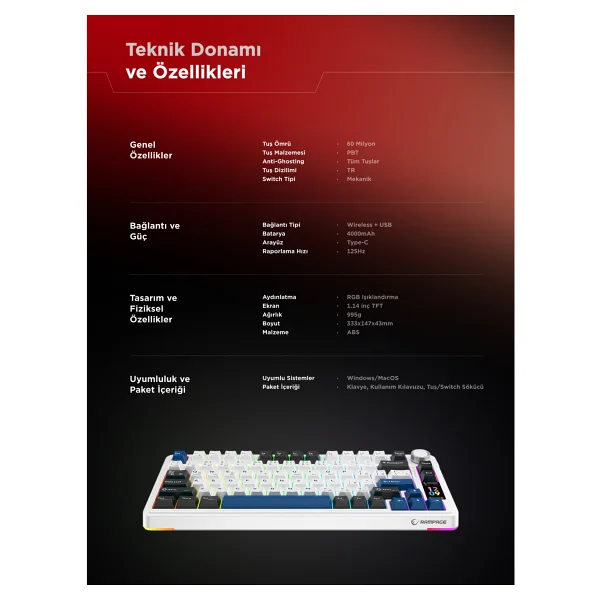 Rampage Quell Pro RGB Tkl Oil Switch Kablolu/Kablosuz Mekanik Oyuncu Klavyesi - Görsel 10