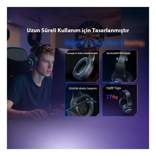 Qcy Heroad V200 Siyah RGB 7.1 Kablolu/Kablosuz Kulak Üstü Oyuncu Kulaklığı - Görsel 2