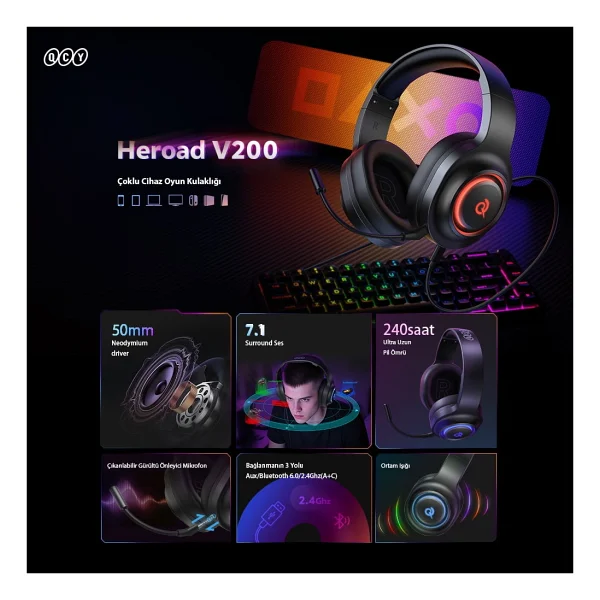 Qcy Heroad V200 Siyah RGB 7.1 Kablolu/Kablosuz Kulak Üstü Oyuncu Kulaklığı - Görsel 3