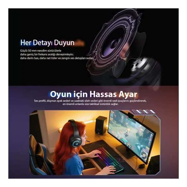 Qcy Heroad V200 Siyah RGB 7.1 Kablolu/Kablosuz Kulak Üstü Oyuncu Kulaklığı - Görsel 5