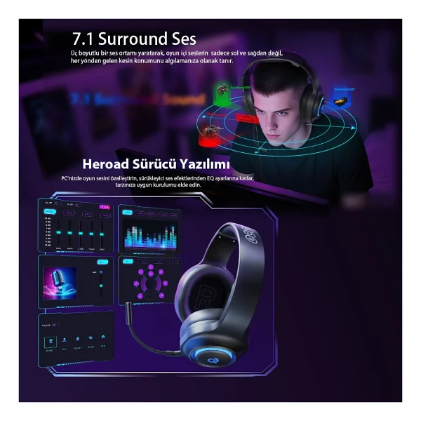 Qcy Heroad V200 Siyah RGB 7.1 Kablolu/Kablosuz Kulak Üstü Oyuncu Kulaklığı - Görsel 6