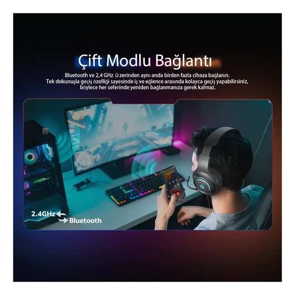 Qcy Heroad V200 Siyah RGB 7.1 Kablolu/Kablosuz Kulak Üstü Oyuncu Kulaklığı - Görsel 7