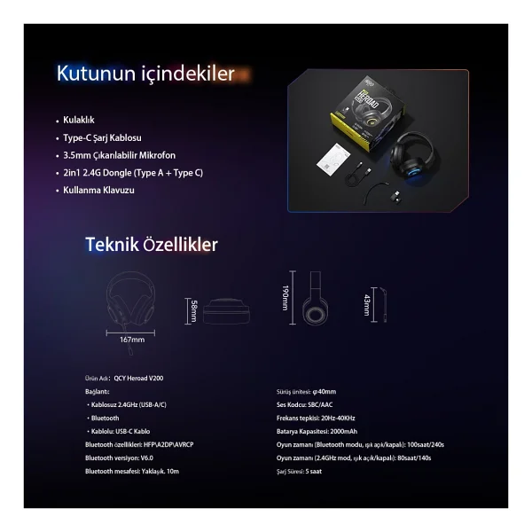 Qcy Heroad V200 Siyah RGB 7.1 Kablolu/Kablosuz Kulak Üstü Oyuncu Kulaklığı - Görsel 8