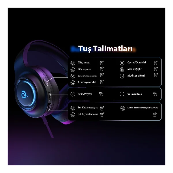 Qcy Heroad V200 Siyah RGB 7.1 Kablolu/Kablosuz Kulak Üstü Oyuncu Kulaklığı - Görsel 9