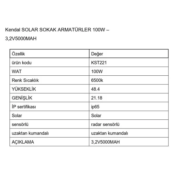 Çiğdem Solar Ledli 100w Uzaktan Kumandalı Sokak Armatür Kst221 - Görsel 2