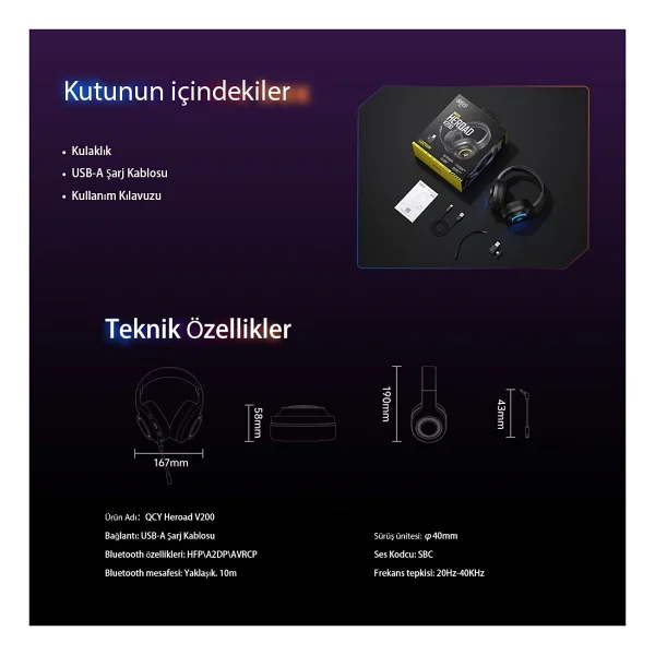 QCY HeroaD V200 RGB 7.1 USB Kablolu Kulak Üstü Oyuncu Kulaklığı - Görsel 7