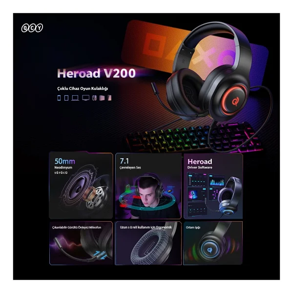 QCY HeroaD V200 RGB 7.1 USB Kablolu Kulak Üstü Oyuncu Kulaklığı - Görsel 2