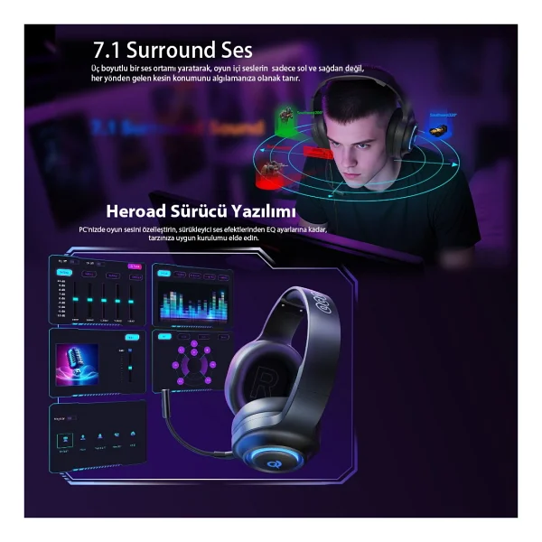 QCY HeroaD V200 RGB 7.1 USB Kablolu Kulak Üstü Oyuncu Kulaklığı - Görsel 4