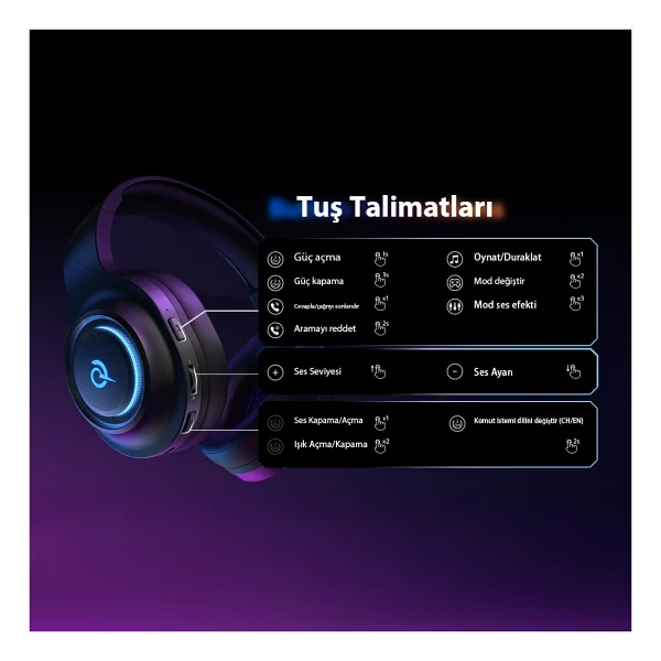 QCY HeroaD V200 RGB 7.1 USB Kablolu Kulak Üstü Oyuncu Kulaklığı - Görsel 8