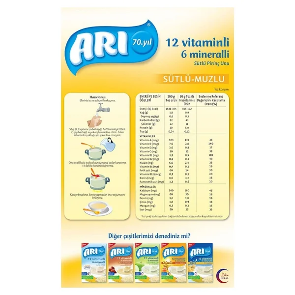 Arı Mama 12 Vitaminli 6 Mineralli Sütlü Muzlu Pirinç Unu Kaşık Maması 200 Gr 12 Adet - Görsel 3