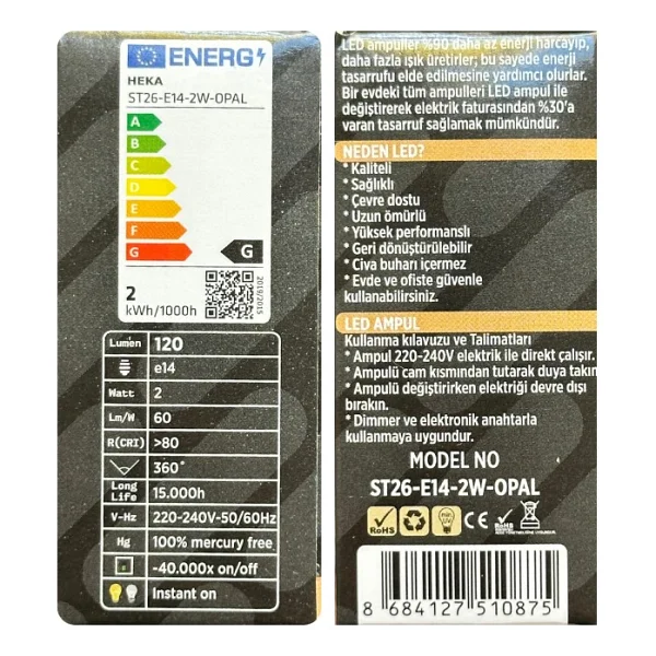 (4 Adet) Heka 2W (14W) 3000K (Sarı Işık) E14 Duylu (İnce Duy) Dim Edilebilir Soft Led Mini Ampul - Görsel 4