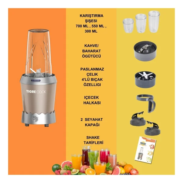 Tigrecook Nutrishake 3in1 1000 W Gri Öğütücü Ve Smoothie Blender - Görsel 6