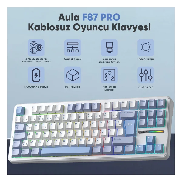 Aula F87 Pro Buz Mavisi RGB Tkl Graywood V4 Switch Kablolu/Kablosuz Mekanik Oyuncu Klavyesi - Görsel 3