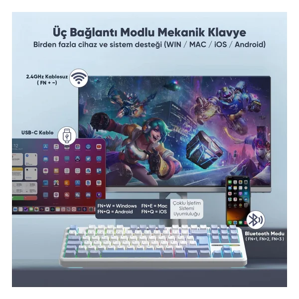 Aula F87 Pro Buz Mavisi RGB Tkl Graywood V4 Switch Kablolu/Kablosuz Mekanik Oyuncu Klavyesi - Görsel 5