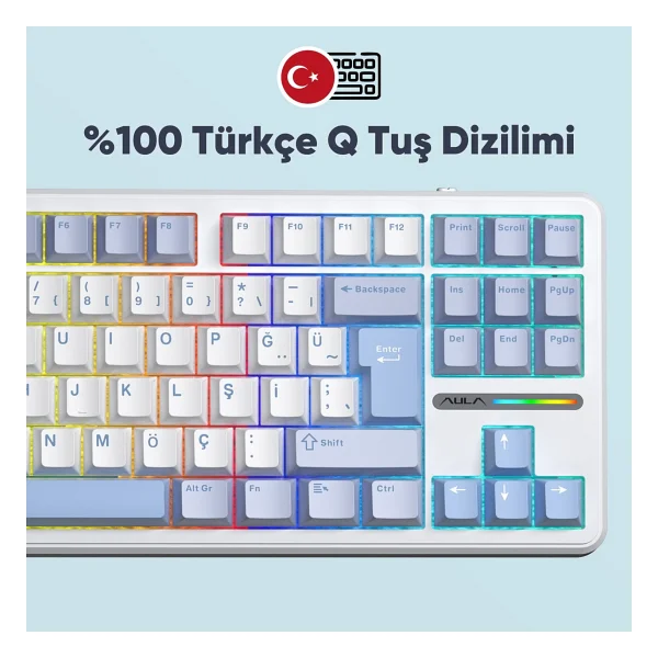 Aula F87 Pro Buz Mavisi RGB Tkl Graywood V4 Switch Kablolu/Kablosuz Mekanik Oyuncu Klavyesi - Görsel 8