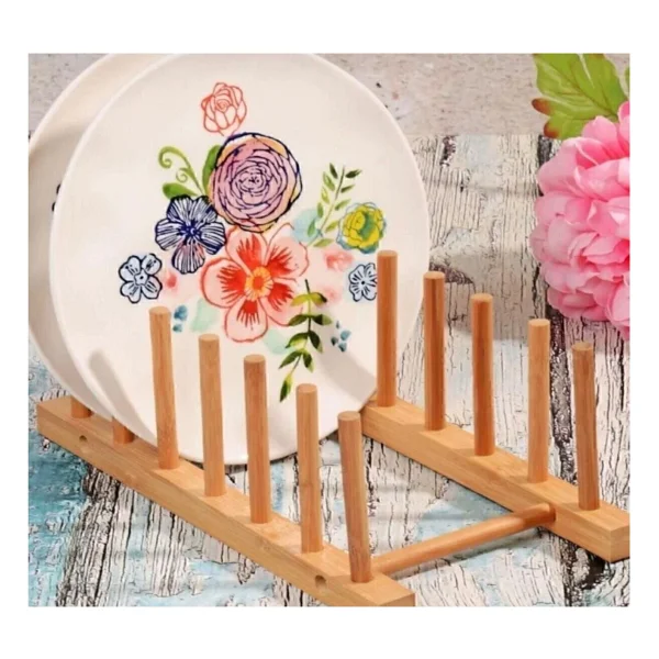 Bambu Ahşap Tabaklık Tabak Standı 6 Lı - Ahşap - Bej - Görsel 2