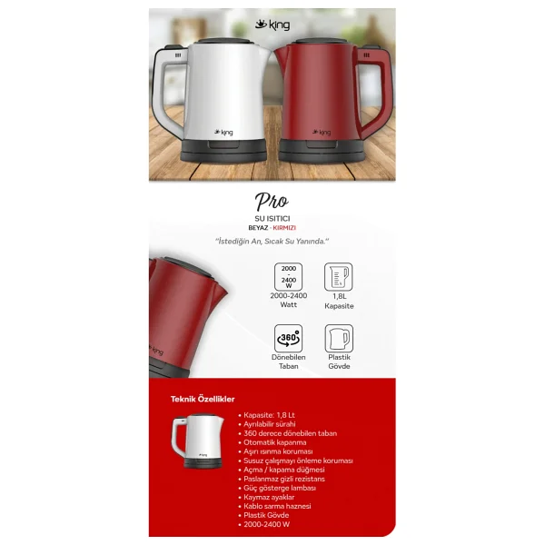 King Ksı1003 Pro 2400 W 1.8 Lt Kettle - Görsel 2