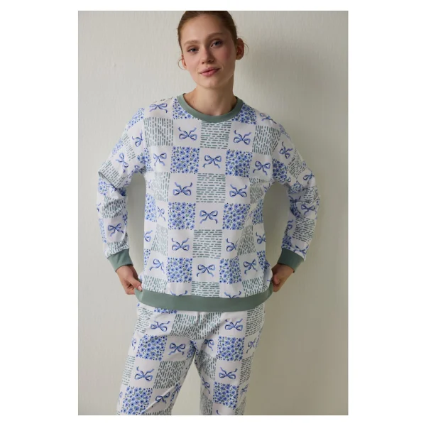 Penti Kırık Beyaz Cute Bows Bisiklet Yaka Pamuklu Uzun Kollu Pijama Takımı - Görsel 6
