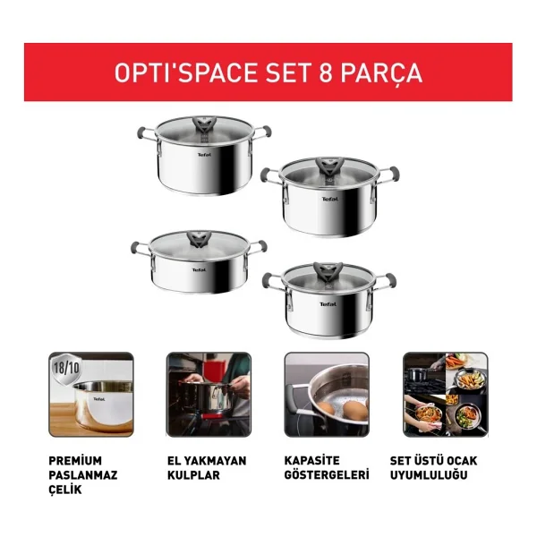 Tefal Optispace 8 Parça Çelik Tencere Seti - Görsel 6