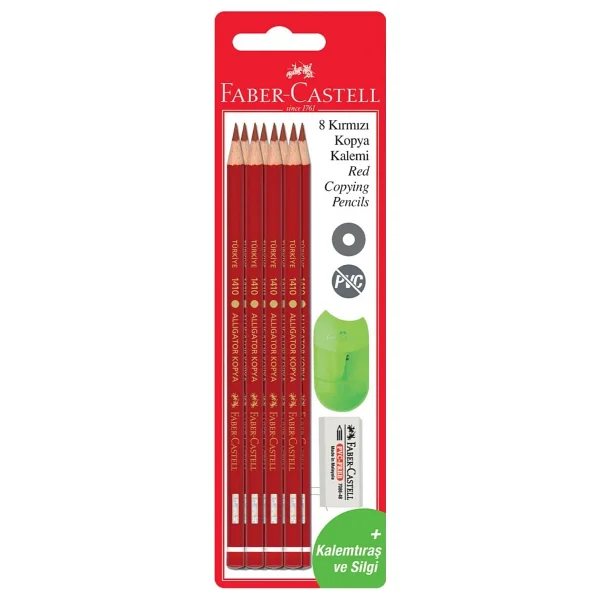 Faber-Castell 8'li Kırmızı Kopya Kalemi + Silgi + Kalemtraş Seti - Görsel 3