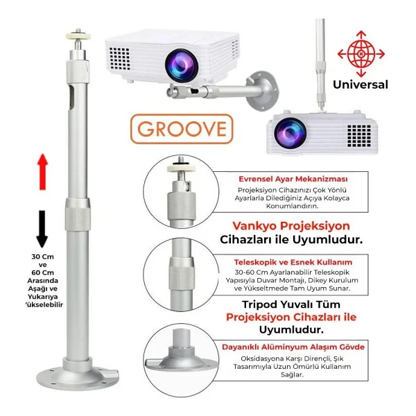 Vankyo Groove 30-60cm Alüminyum Projeksiyon Cihazı Tavan Askı Aparatı Duvar Bağlantı Aparatı Universal Projector Beyaz (360° Dönebilen Tripod Yuvalı) - Görsel 8