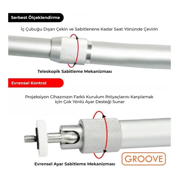 Vankyo Groove 30-60cm Alüminyum Projeksiyon Cihazı Tavan Askı Aparatı Duvar Bağlantı Aparatı Universal Projector Beyaz (360° Dönebilen Tripod Yuvalı) - Görsel 5