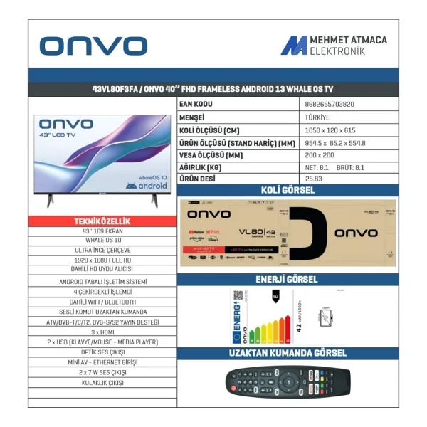 Onvo 43vl80f3fa Full HD 43" 109 Ekran Uydu Alıcılı Smart LED TV - Görsel 3