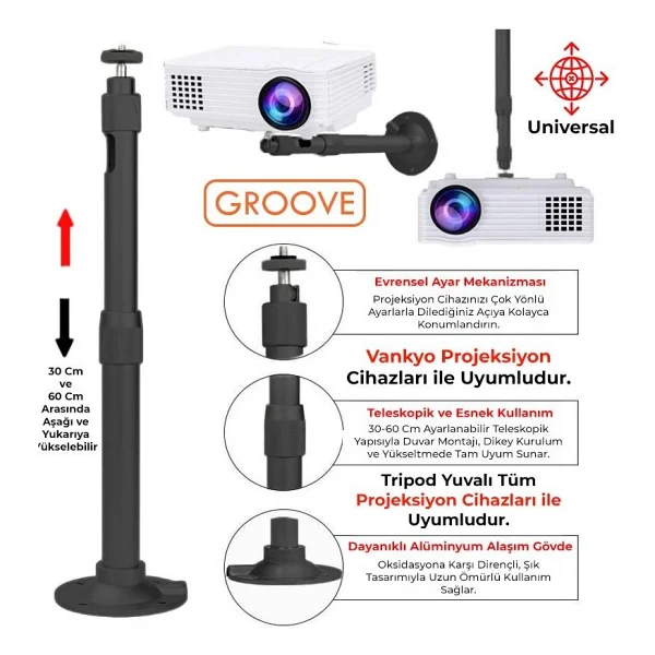 Vankyo Groove 30-60cm Alüminyum Projeksiyon Cihazı Tavan Askı Aparatı Duvar Bağlantı Aparatı Universal Projector Siyah (360° Dönebilen Tripod Yuvalı) - Görsel 8