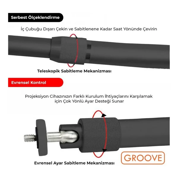 Vankyo Groove 30-60cm Alüminyum Projeksiyon Cihazı Tavan Askı Aparatı Duvar Bağlantı Aparatı Universal Projector Siyah (360° Dönebilen Tripod Yuvalı) - Görsel 5