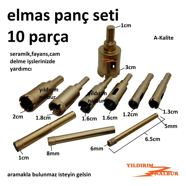 Seramik Delme Elmas Panç Seti 10 Parça Fayans Delme Cam Panç Delik Açma Panç Çelik Elmas - Görsel 2